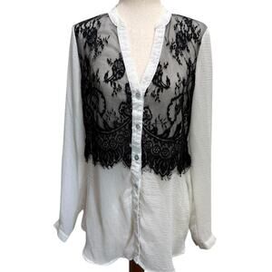 Sheer Lace Western Blouse Black White Boho Cowgirl Y2K Medium